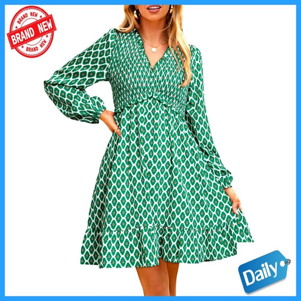 Long Sleeve Babydoll Mini Dress Flowy Chiffon Smocked Floral Pockets